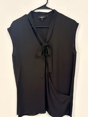 Theory Silk Black Sleeveless Tie-Neck Blouse